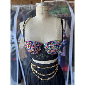 Festival Rave Sequin Rhinestone Corset Top Blk Lace Bustier with Multicolor Gems
